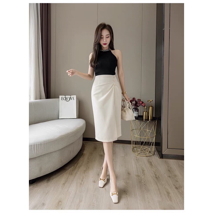 Chân Váy Bút Chì Dáng Dài Xẻ Trước Chân Váy Công Sở Dài, bút chì xẻ trước xếp li phối 3 cúc d68cm