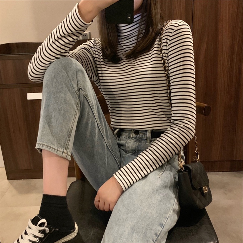 Áo thun IELGY tay dài cổ cao họa tiết kẻ sọc thời trang mới cho nữ