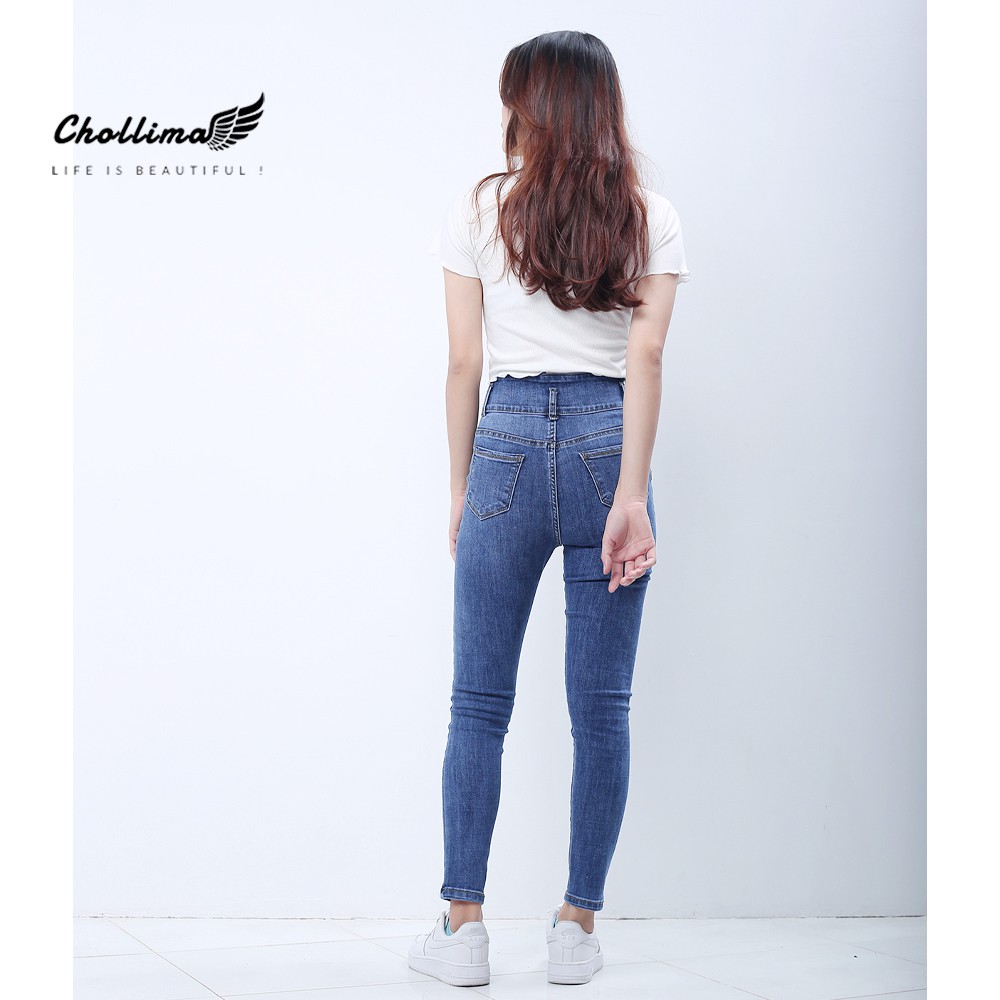 Quần jeans dài nữ co giãn Chollima cạp thường lưng lớn màu xanh nhạt trơn trẻ trung năng động QD037