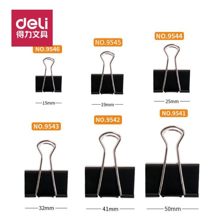 Hộp 12 kẹp bướm kim loại màu đen Deli/ Hồng Hà/ E 9546A - Deli 9545A - Deli 9544A - Deli 9543A - Deli 9542A - Deli 9541A