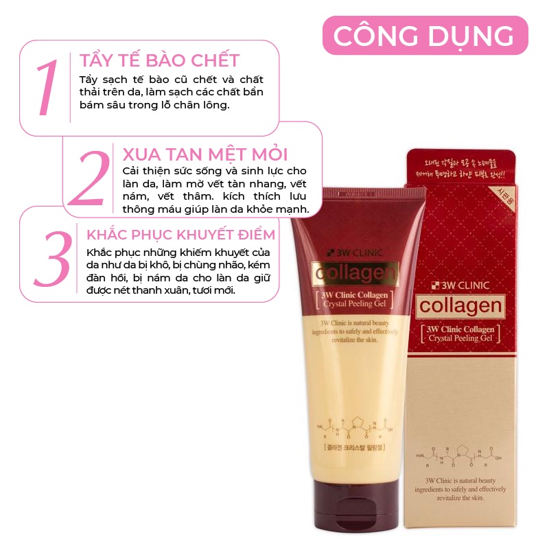 Tẩy tế bào chết chiết xuất từ tinh chất collagen 3W CLINIC Crystal Peeling Gel Hàn Quốc 180ml