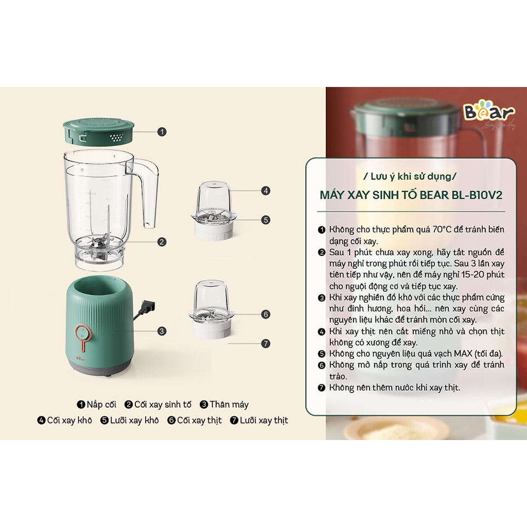 Máy xay thịt,xay thực phẩm,xay rau củ quả Bear LLJ-C10P1 (BL-B10V2)-Có kèm 3 cối Tritan công suất lớn 300W