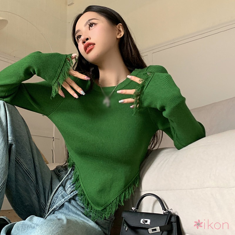 Áo Croptop Dệt Kim Tay Dài Cổ Tròn Màu Sắc Thanh Lịch