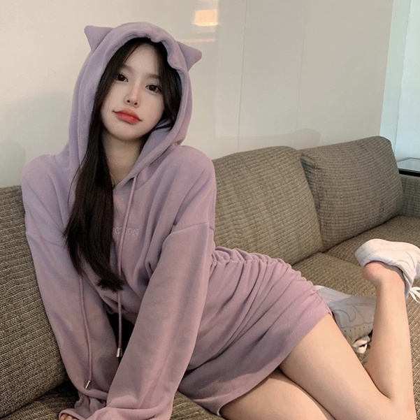 Đầm Nỉ Dài Tay Có Mũ Trùm Đầu Kiểu Dáng Gợi Cảm Phong Cách Hàn Quốc Cho Nữ