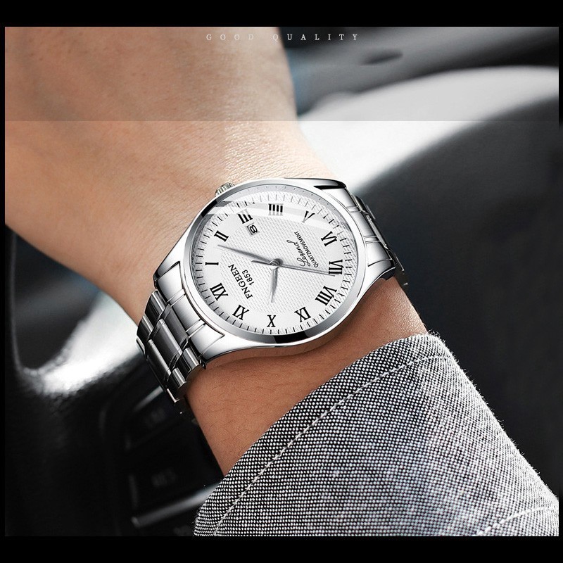 Đồng hồ nam FNGEEN F2LM mătj tròn số la mã có lịch ngày, dây thép không gỉ