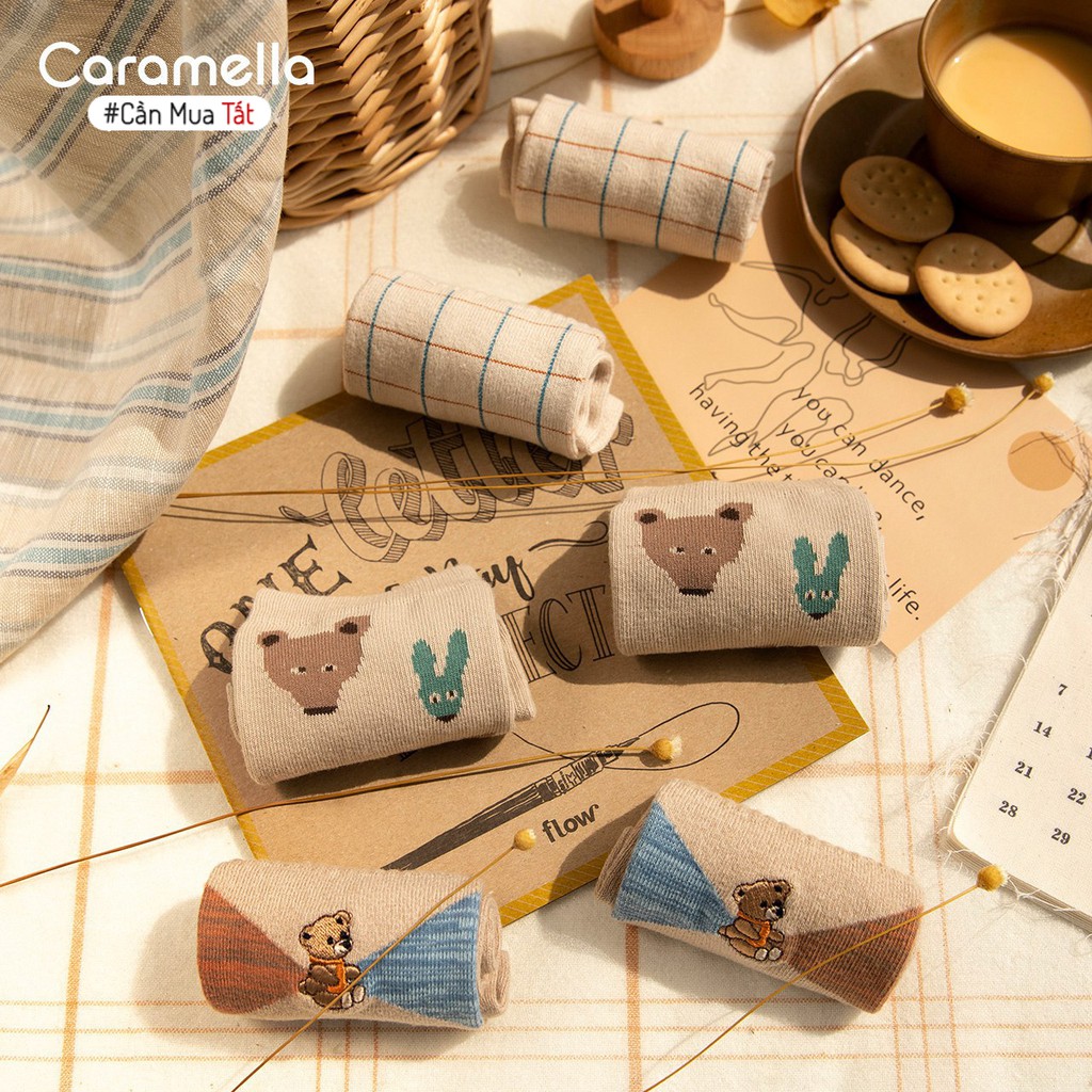 Tất Nữ Caramella Cao Cấp Set 3 Đôi Cổ Dài Chủ Đề Gấu Nâu