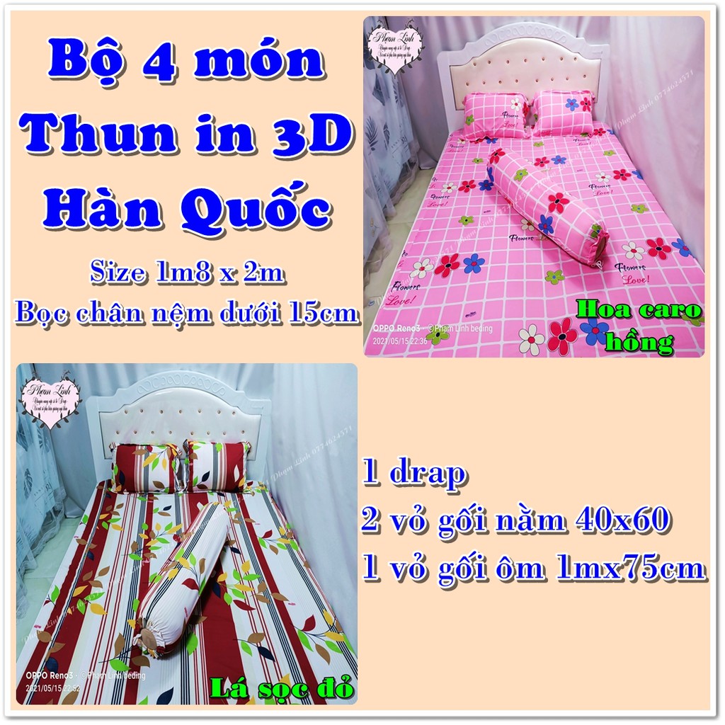 Bộ 4 món Ga trải giường và vỏ gối thun in 3D Hàn Quốc size 1m8x2mx20cm Bọc được chân nệm từ 5-15cm || Bộ drap và vỏ gối
