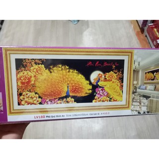 tranh đính đá đôi chim công hoa mẫu đơn vàng kt 106x50cm
