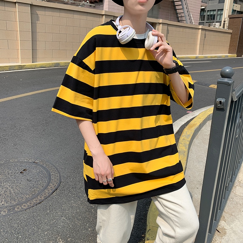 Áo Thun Thể Thao plus size Tay Ngắn Dáng Rộng Kẻ Sọc Phong Cách Hàn Quốc Cho Nam