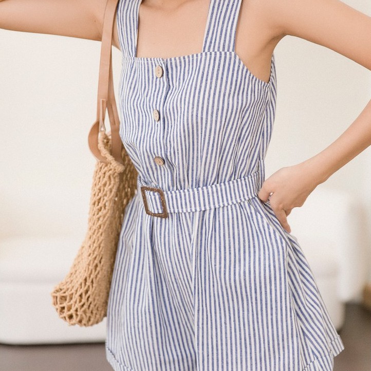 Bộ jumpsuit ngắn nút gỗ kèm nịt - HJN04 (FS Sọc Đỏ/ Sọc Xanh) | BigBuy360 - bigbuy360.vn