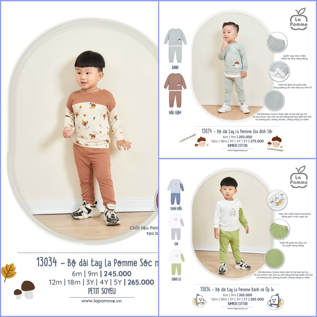 Bộ dài tay La Pomme Sóc nhí dành cho bé trai bé gái thời trang cao cấp