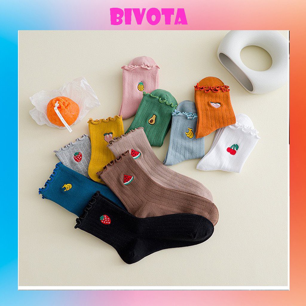 Tất cổ cao Bivota vớ nữ cổ cao bèo nhún thêu hoạt tiết trái cây cực xinh xắn T83