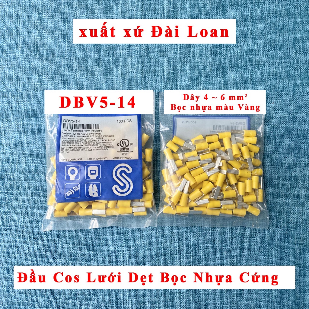 Đầu cos lưỡi dẹt có bọc nhựa cứng Đài Loan DBV1-10 dây 0.5-1.5mm2, DBV2-14 dây 1.5-2.5mm2, DBV5-15 DBV5-18 4.0-6.0mm2