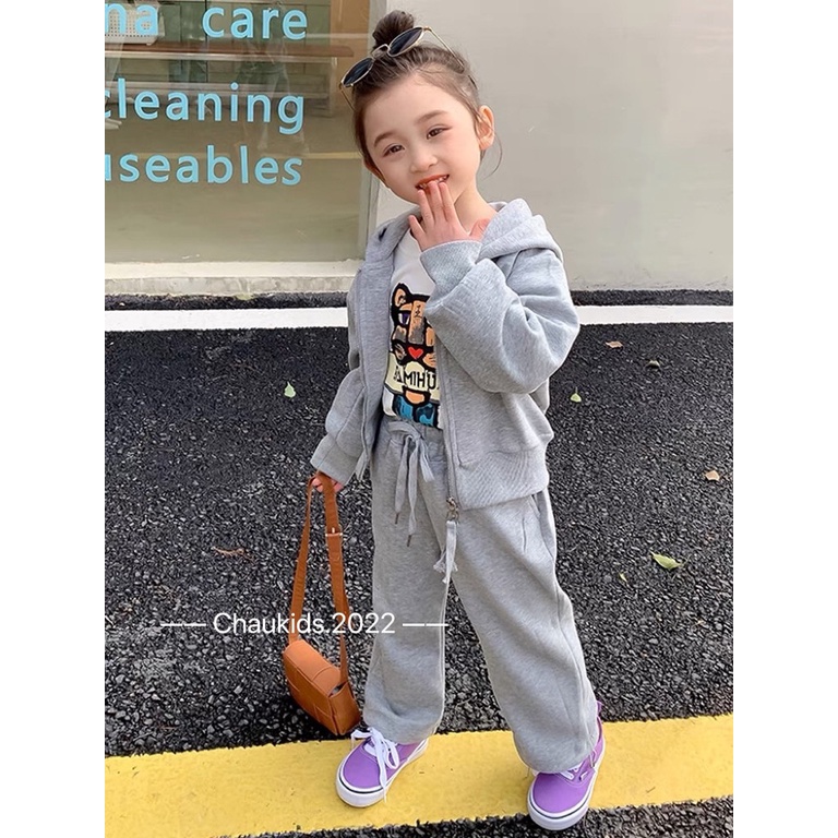 Bộ Nỉ Da Cá Bé Gái Kèm Mũ Kéo Khoá, Bộ Quần Áo Thu Đông Cho Bé Mặc Nhà CKTD12