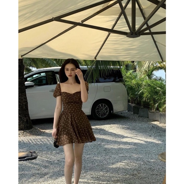 (Có BigSize) Đầm Váy Hoa Nâu Nhún Eo 2 Lớp Có Mút Ngực Và Lót Quần