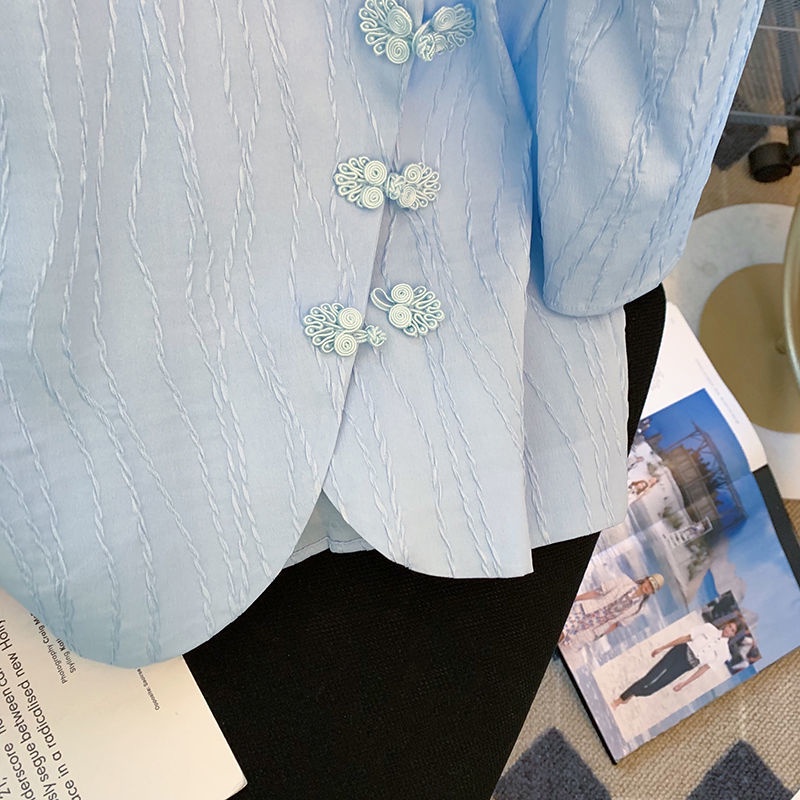 Áo Sơ Mi Tay Ngắn Phồng Đính Nút Kiểu Trung Hoa Thời Trang Mùa Hè Cho Nữ 6 Plus