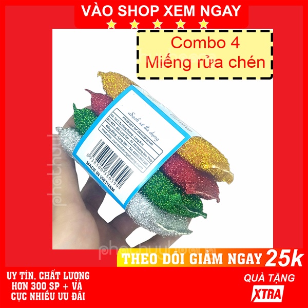 Combo 4 miếng mút rửa chén kim tuyến chất lượng cao, miếng cước rửa chén đa năng tiện dụng - Phát Huy Hoàng