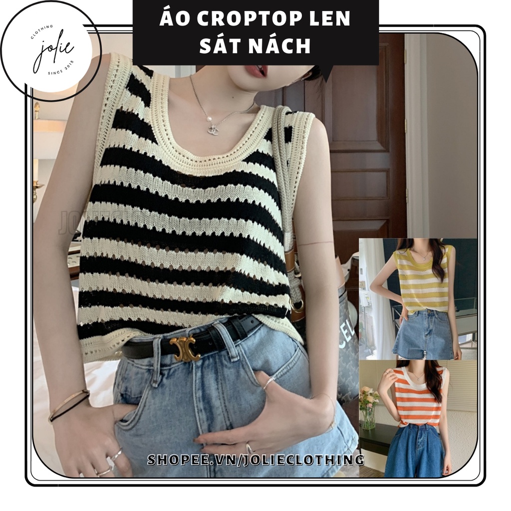 Áo len nữ sát nách, áo tanktop len ba lỗ croptop kẻ sọc ngang form đẹp