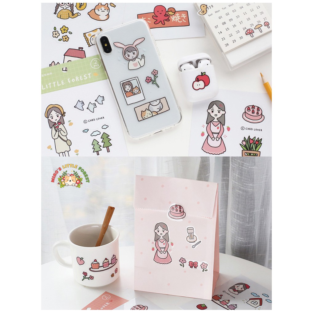 Sticker hoạt hình MIAO'S LITTLE FOREST set 2 tấm sticker nền trong Cute Character trang trí sổ tay bullet journal MST237