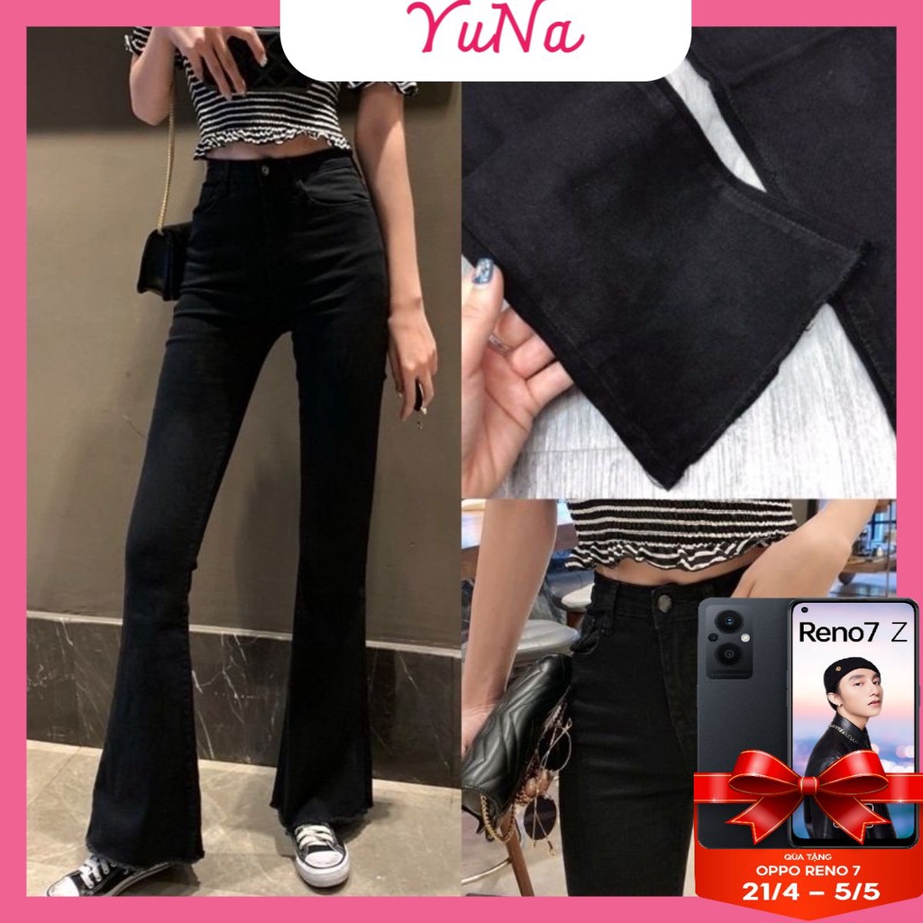 Quần ống loe nữ Maika jean giấy cạp cao co dãn bốn chiều siêu hách dáng chân dài miên man, phụ kiện thời trang nữ YUNA