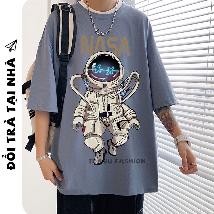 Áo thun tay lỡ form rộng, dáng unisex vải tici in NASA form oversize < 75kg NTL111