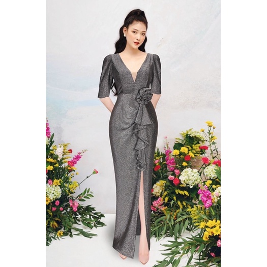 Đầm dài dạ hội thun lạnh kim tuyến Hàn Quốc tay lỡ cao cấp