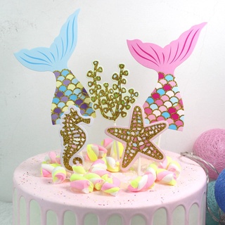 Phụ Kiện Sinh Nhật trang trí bánh kem [FREESHIP❤️] Set Cắm Giấy Tiên Cá Ánh Kim