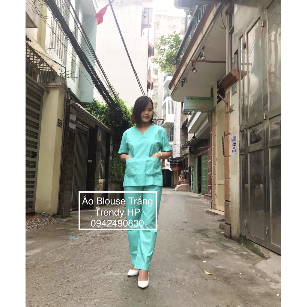 Bộ quần áo kỹ thuật viên cổ tim nam nữ cao cấp cộc tay màu xanh lý ngọc