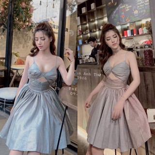 Đầm xòe nhũ kim tuyến 2 dây khoét bụng Hàng Thiết Kế