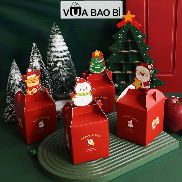 Hộp quà Giáng sinh mini nắp cài vuông 8,5cm, hộp giấy đựng quà Noel tuần lộc, người tuyết dễ thương VUABAOBI