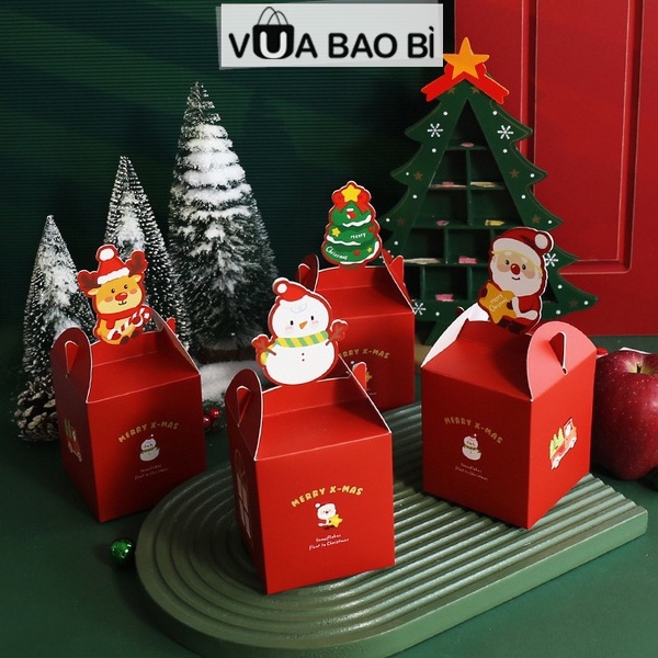 Hộp quà Giáng sinh mini nắp cài vuông 8,5cm, hộp giấy đựng quà Noel tuần lộc, người tuyết dễ thương