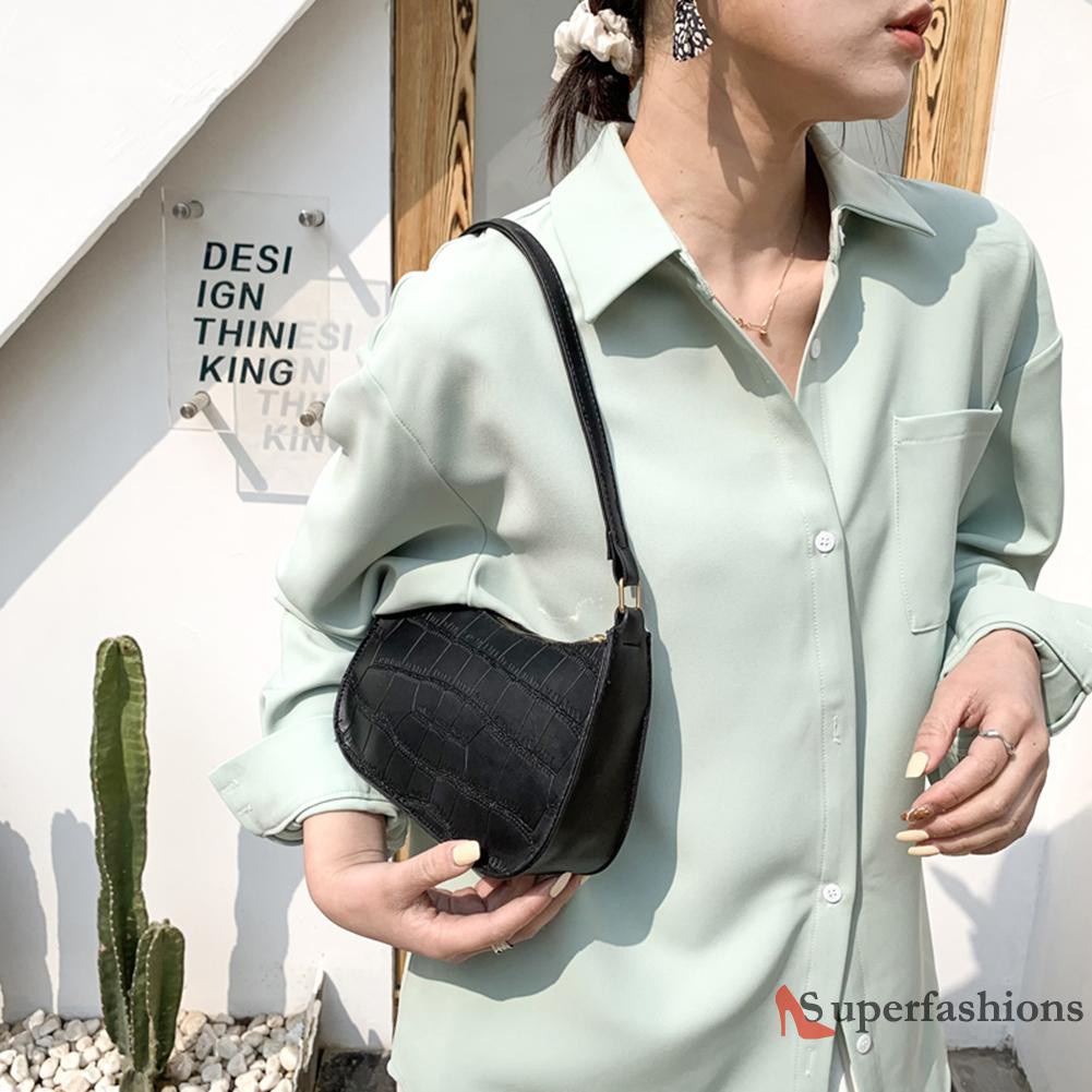 【Hot Sale】Fashion Women Alligator Pattern Pure Color Shoulder Underarm Bag PU Handbag