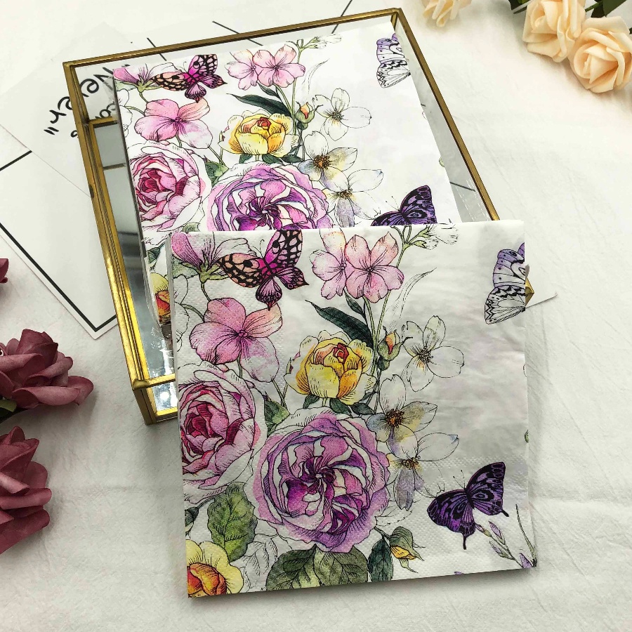 Bộ 20 Khăn Ăn Bằng Giấy In Họa Tiết Hoa / Bướm / Chuồn Chuồn Xinh Xắn Cho Gia Đình