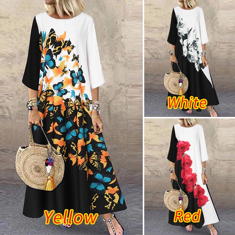 Đầm dài ZANZEA dáng rộng tay 3/4 in họa tiết hoa phong cách vintage dành cho nữ