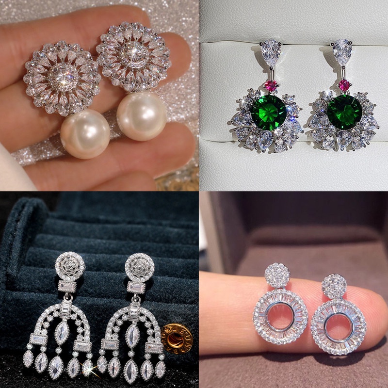 1 Đôi Bông Tai Đính Đá zircon Màu Trắng / Xanh Lá Cây Phong Cách Baroque Nặng Dành Cho Cô Dâu Trong Ngày Cướ