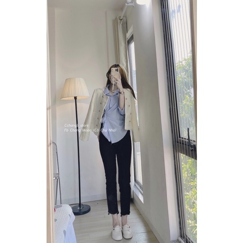 Sơ mi xanh cúc chéo phối quần jean ống đứng(ảnh thật shop chụp) | BigBuy360 - bigbuy360.vn