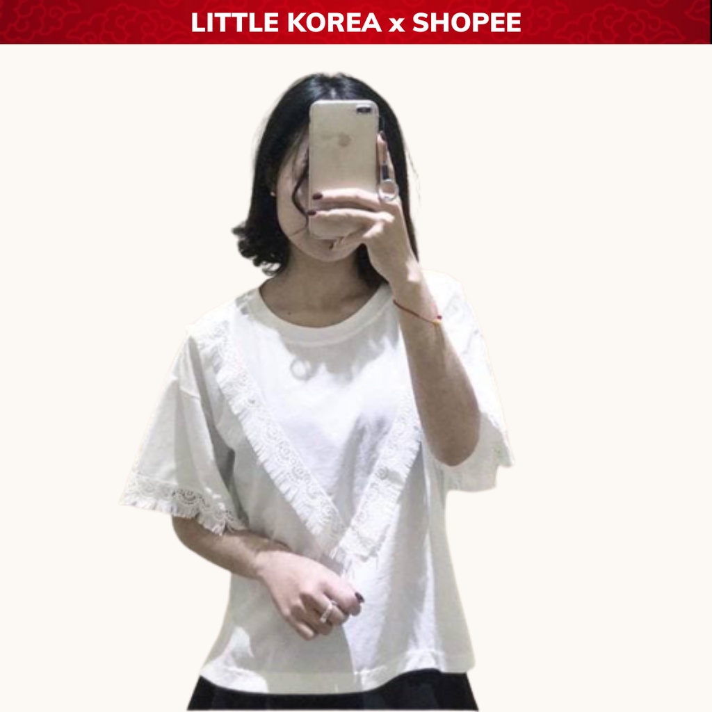Áo Nữ Cổ Tròn Ngắn Tay Dáng Suông Phối Ren Chữ V - LITTLE KOREA