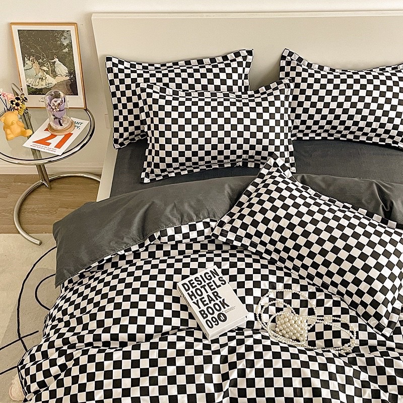 Bộ chăn ga Cotton Poly Bo Decor chăn ga Hàn Quốchoạ tiết ke den nho đủ size miễn phí bo chun