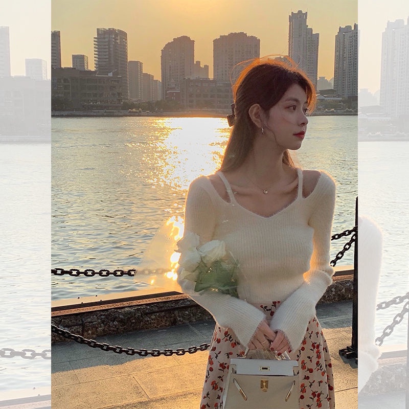 Áo sweater tay dài thiết kế hở vai thời trang thu đông cho nữ 2021