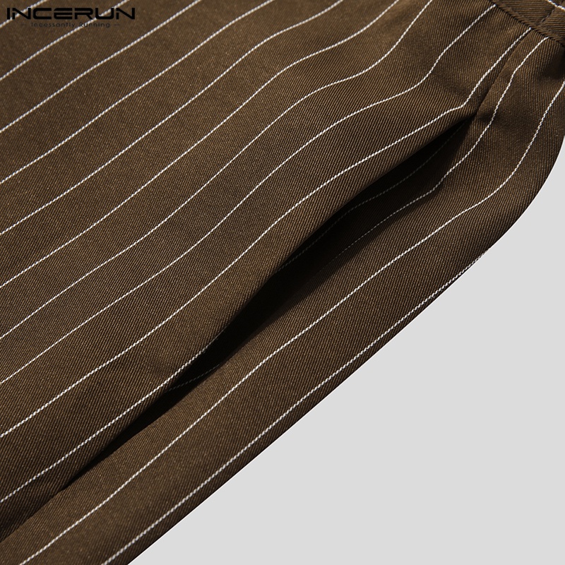 INCERUN Áo Ghi Lê Không Tay Kẻ Sọc + Quần Short Giả Váy Phong Cách Retro Cho Nam