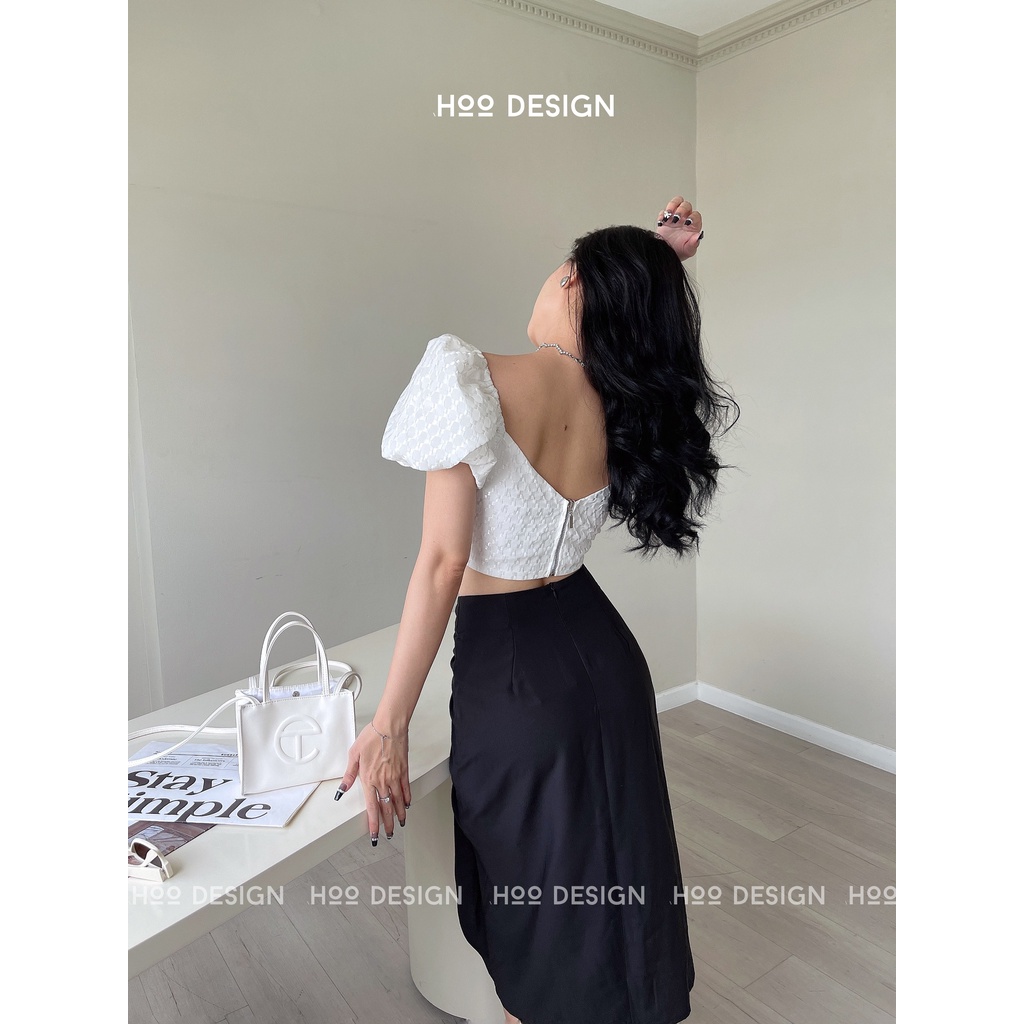 HOO DESIGN - Áo Croptop Tay Phồng Dây Kéo Khóa Kim Loại Sau Lưng Màu Trắng