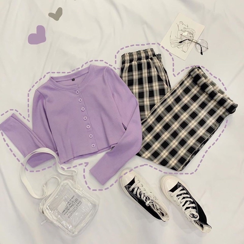Quần đũi Joseph Janard màu cam và áo croptop cài cúc màu tím