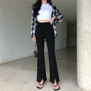 [Ảnh thật] Quần ống loe xẻ cạp cao
