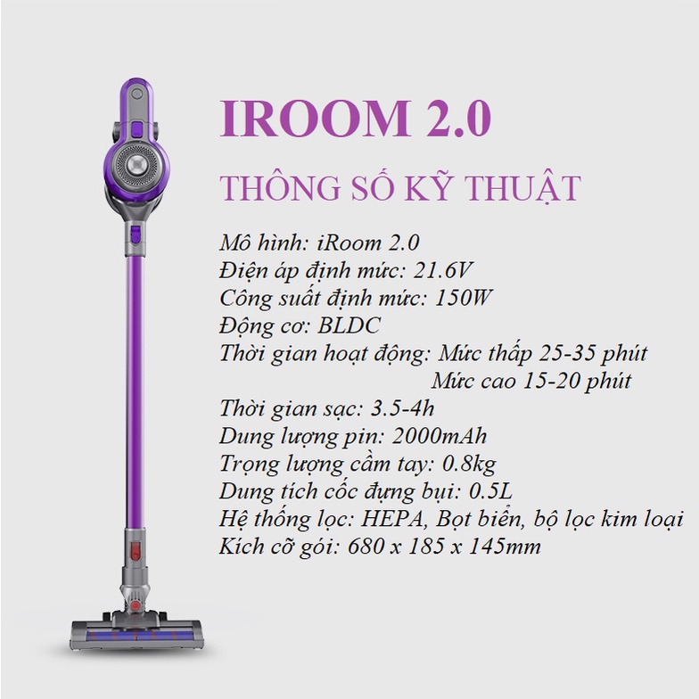 Máy hút bụi cầm tay gia đình đa năng Airbot iRoom 2.0 - Không dây, Công suất 130W, Lực hút mạnh 19 KPa làm sạch hiệu quả