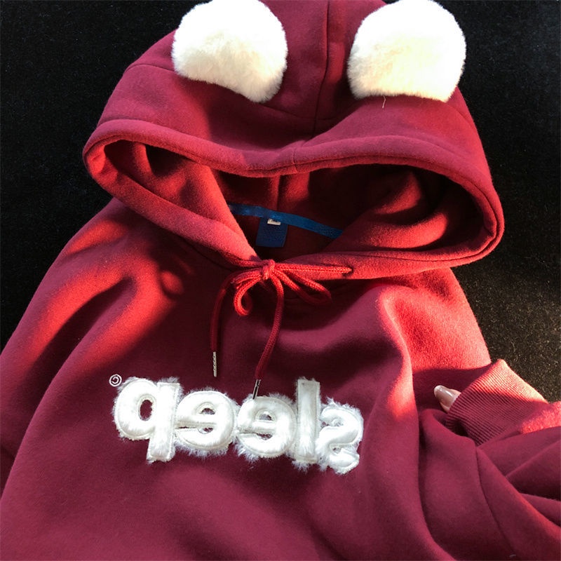 Áo Hoodie Đính Tai Gấu Bằng Lông Cừu Dáng Rộng Dễ Thương Dành Cho Cặp Đôi Mùa Đông