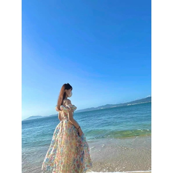 Maxi lụa hoa 2 dây trễ/bẹt vai đan thắt lưng, đầm dài sang trọng dễ thương, thời trang nữ hotgirl đi chơi/biển du lịch