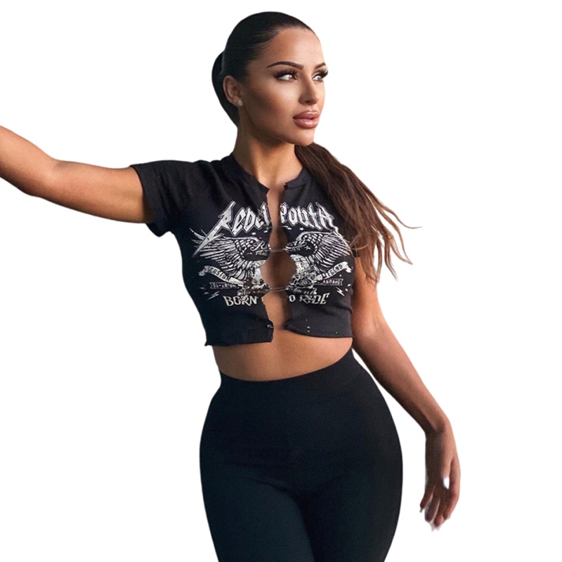 Áo Thun Crop Top Tay Ngắn Cổ Tròn In Hình Đôi Cánh Phong Cách Harajuku Cho Nữ