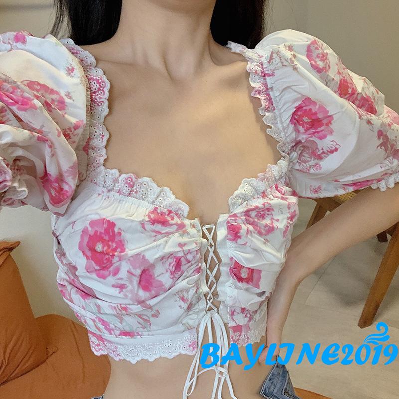 Áo kiểu tay phồng màu trơn thiết kế dây đan chéo quyến rũ thời trang giản dị cho nữ | BigBuy360 - bigbuy360.vn
