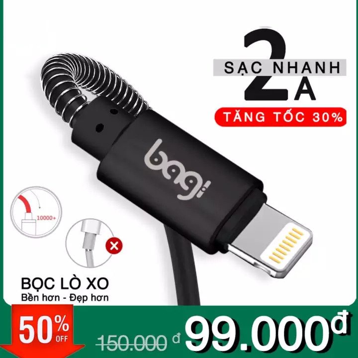 Dây Cáp Sạc nhanh iPhone bọc dù lò xo chống đứt gãy thương hiệu Bagi / CB-IF10 ( Đen/ Vàng)