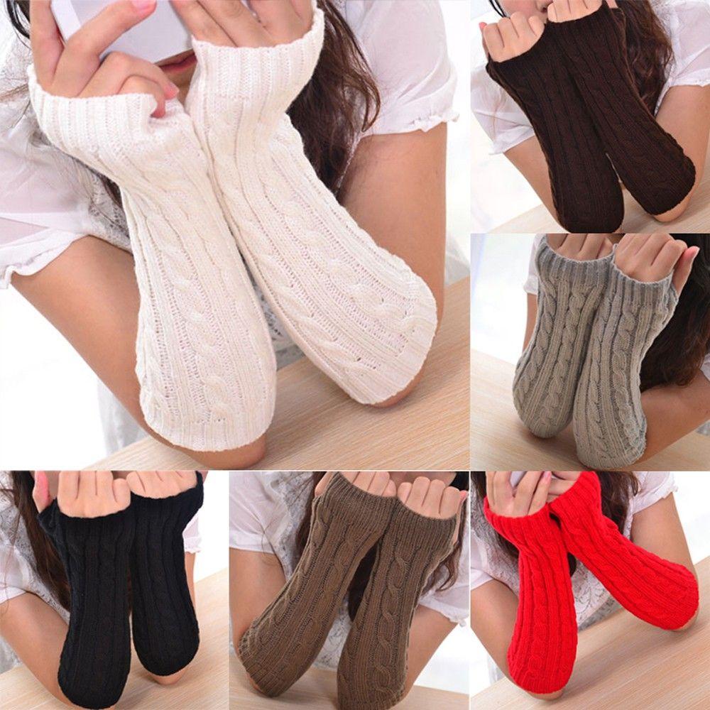 Găng Tay Dệt Kim Dài Màu Trơn Giữ Ấm Cánh Tay Cho Nữ